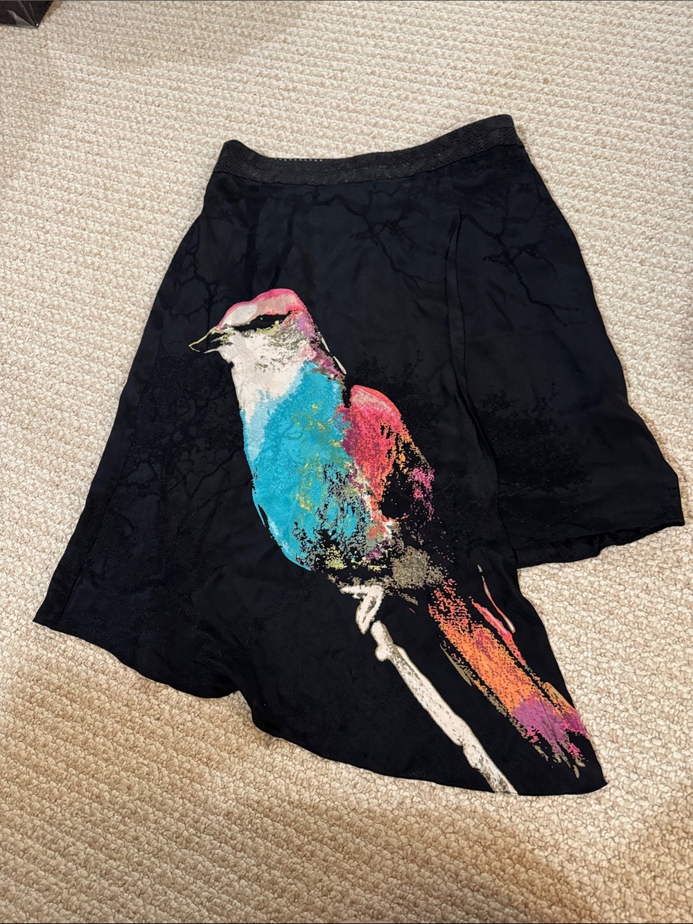 Anthropologie Black Skirt with Teal & Pink Bird Motif - Picture 5 of 5